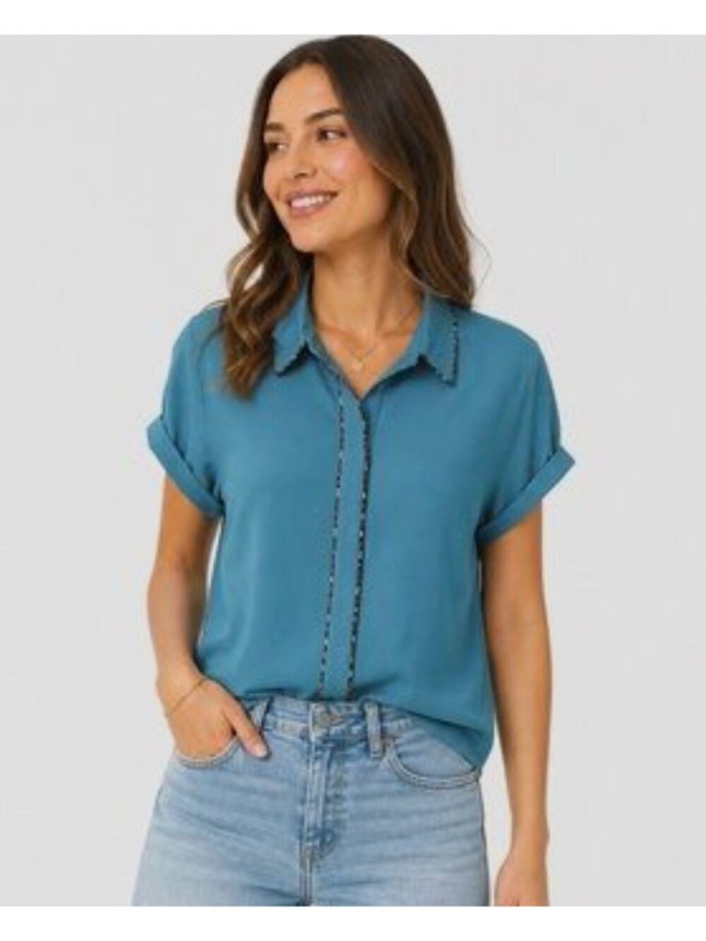 NWT Wildfang The Empower Piped Teal Blue Short Sleeve Button Front Shirt Top S